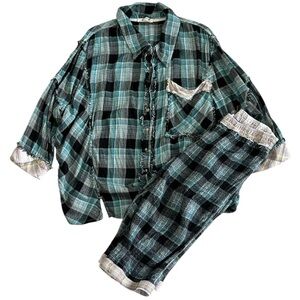 Free People Intimately Flannel Button Shirt Oversized Plaid Capri Pants Set S XS